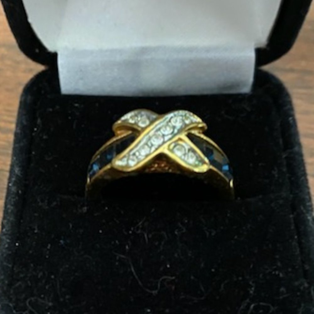 Clear CZs "X" over ROYAL BLUE SAPPHIRES (lab create) wide GF BAND RING * size 6